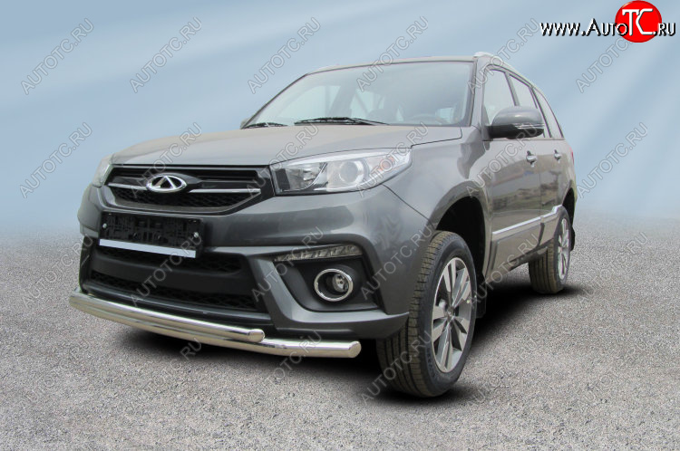 9 899 р. Защита переднего бампера Slitkoff (Ø 57+Ø 42) Chery Tiggo 3 (2014-2020) (Цвет: серебристый)  с доставкой в г. Кинешма