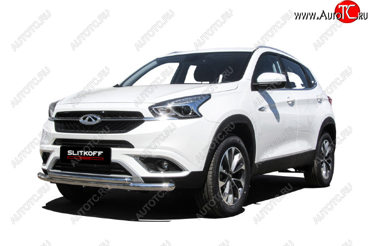 12 299 р. Защита переднего бампера Slitkoff (Ø 57+Ø 42).  Chery Tiggo 7 (2016-2020) (Полированная нержавейка)  с доставкой в г. Кинешма