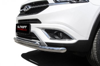 12 299 р. Защита переднего бампера Slitkoff (Ø 57+Ø 42).  Chery Tiggo 7 (2016-2020) (Полированная нержавейка)  с доставкой в г. Кинешма. Увеличить фотографию 2