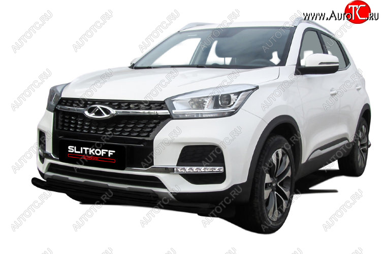 8 599 р. Защита переднего бампера Slitkoff (Ø 57+Ø 42) Chery Tiggo 4 1-ый рестайлинг (2018-2023) (Цвет: черный)  с доставкой в г. Кинешма