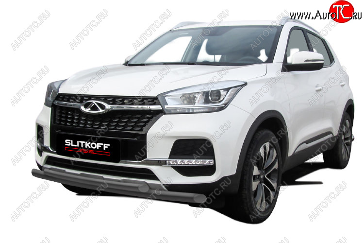 8 599 р. Защита переднего бампера Slitkoff (Ø 57+Ø 42)  Chery Tiggo 4 (2018-2023) 1-ый рестайлинг (Цвет: серебристый)  с доставкой в г. Кинешма