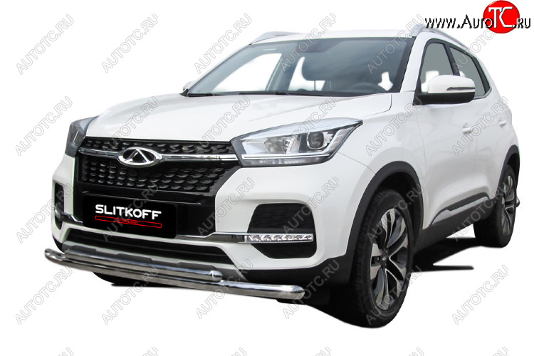 12 299 р. Защита переднего бампера Slitkoff (Ø 57+Ø 42).  Chery Tiggo 4 (2018-2023) 1-ый рестайлинг (Полированная нержавейка)  с доставкой в г. Кинешма