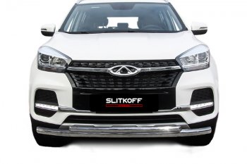 12 299 р. Защита переднего бампера Slitkoff (Ø 57+Ø 42).  Chery Tiggo 4 (2018-2023) 1-ый рестайлинг (Полированная нержавейка)  с доставкой в г. Кинешма. Увеличить фотографию 2