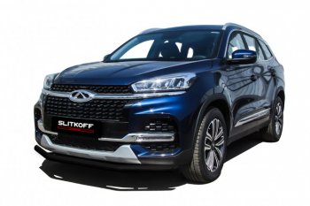 Защита переднего бампера Slitkoff (Ø 57 мм) Chery Tiggo 8  1 T18 (2019-2023) рестайлинг (Цвет: черный)