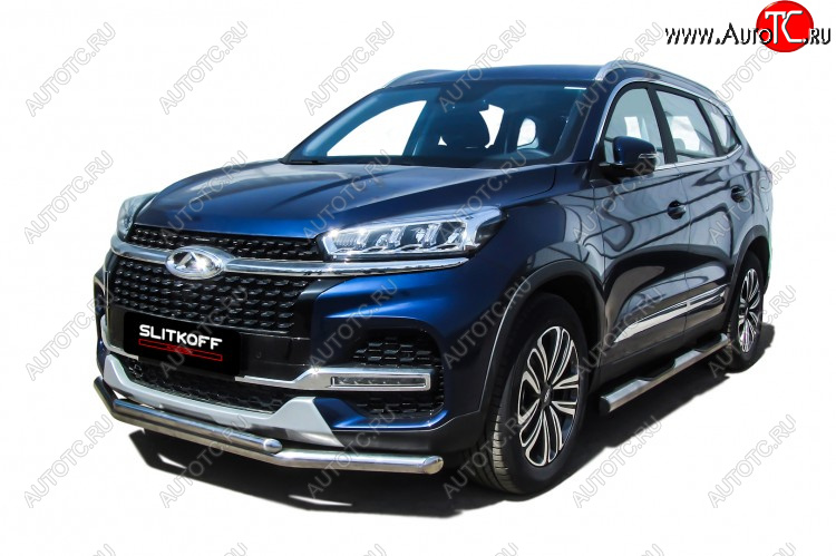 13 899 р. Защита переднего бампера Slitkoff (Ø 57+Ø 42).  Chery Tiggo 8  1 T18 (2019-2023) рестайлинг (Полированная нержавейка)  с доставкой в г. Кинешма