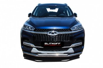 13 899 р. Защита переднего бампера Slitkoff (Ø 57+Ø 42).  Chery Tiggo 8  1 T18 (2019-2023) рестайлинг (Полированная нержавейка)  с доставкой в г. Кинешма. Увеличить фотографию 2