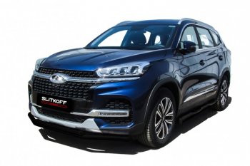 Защита переднего бампера Slitkoff (Ø 57+Ø 42). Chery Tiggo 8  1 T18 (2019-2023) рестайлинг (Цвет: черный)