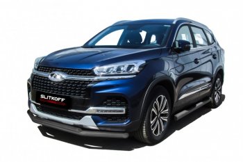 Защита переднего бампера Slitkoff (Ø 57+Ø 42). Chery Tiggo 8  1 T18 (2019-2023) рестайлинг (Цвет: серебристый)
