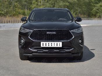 12 349 р. Защита переднего бампера SLITKOFF (Ø57 секции/Ø42 дуга) Haval F7x дорестайлинг (2019-2022) (нержавейка с полимерным покрытием, черный)  с доставкой в г. Кинешма. Увеличить фотографию 2
