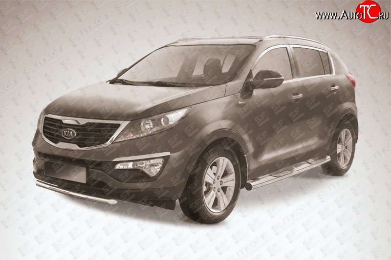 11 499 р. Защита переднего бампера из короткой трубы диаметром 57 мм Slitkoff KIA Sportage 3 SL дорестайлинг (2010-2014) (Нержавейка, Полированная)  с доставкой в г. Кинешма