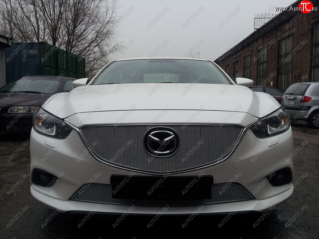 5 399 р. Защитная сетка в бампер (верх, ячейка 4х10 мм) Alfeco Премиум Mazda 6 GJ дорестайлинг универсал (2012-2015) (Хром)  с доставкой в г. Кинешма