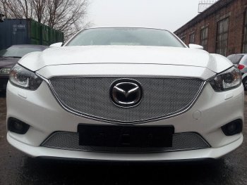 5 399 р. Защитная сетка в бампер (верх, ячейка 4х10 мм) Alfeco Премиум Mazda 6 GJ дорестайлинг универсал (2012-2015) (Хром)  с доставкой в г. Кинешма. Увеличить фотографию 4
