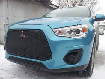 3 599 р. Защитная сетка в бампер (низ, ячейка 4х10 мм) Alfeco Премиум Mitsubishi ASX 1-ый рестайлинг (2013-2016) (Чёрная)  с доставкой в г. Кинешма. Увеличить фотографию 2