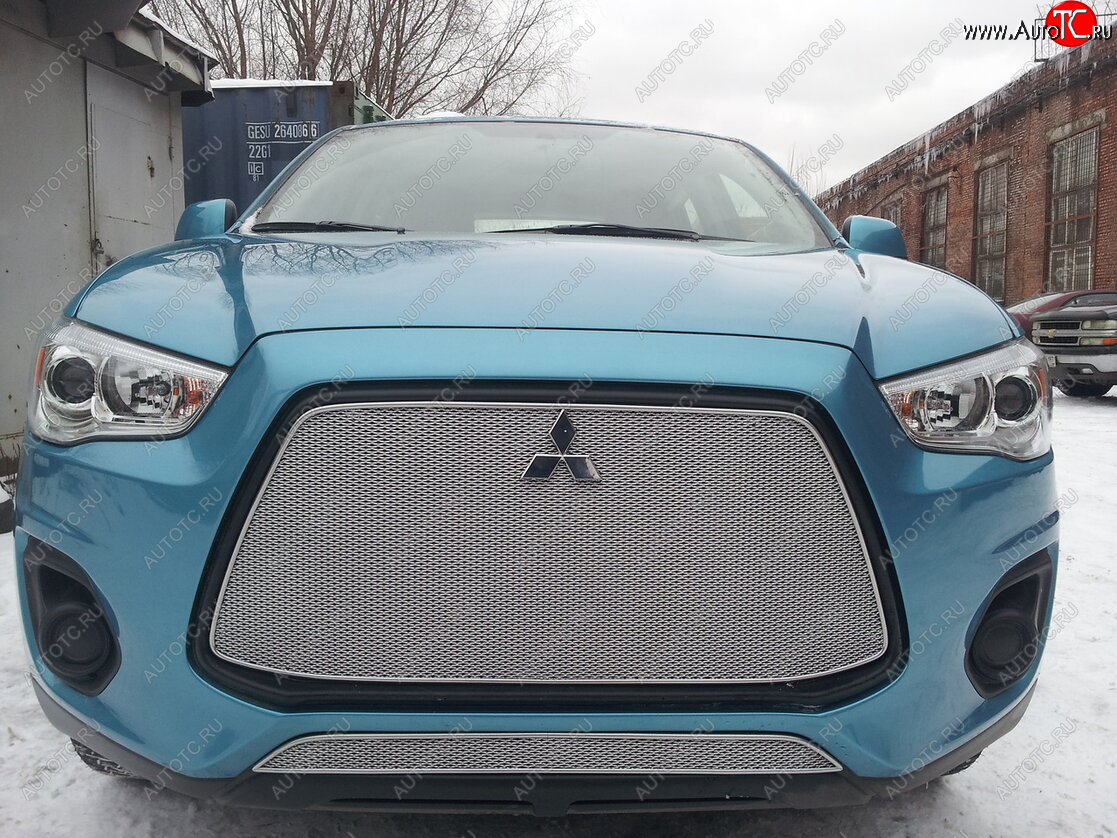 6 199 р. Защитная сетка в бампер (верх, ячейка 4х10 мм) Alfeco Премиум Mitsubishi ASX 1-ый рестайлинг (2013-2016) (Хром)  с доставкой в г. Кинешма