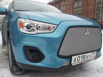 6 199 р. Защитная сетка в бампер (верх, ячейка 4х10 мм) Alfeco Премиум Mitsubishi ASX 1-ый рестайлинг (2013-2016) (Хром)  с доставкой в г. Кинешма. Увеличить фотографию 2