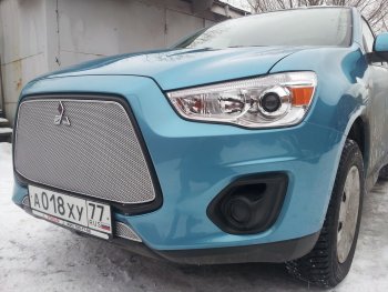6 199 р. Защитная сетка в бампер (верх, ячейка 4х10 мм) Alfeco Премиум Mitsubishi ASX 1-ый рестайлинг (2013-2016) (Хром)  с доставкой в г. Кинешма. Увеличить фотографию 3