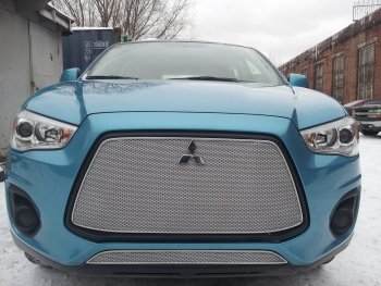 3 599 р. Защитная сетка в бампер (низ, ячейка 4х10 мм) Alfeco Премиум Mitsubishi ASX 1-ый рестайлинг (2013-2016) (Хром)  с доставкой в г. Кинешма. Увеличить фотографию 3