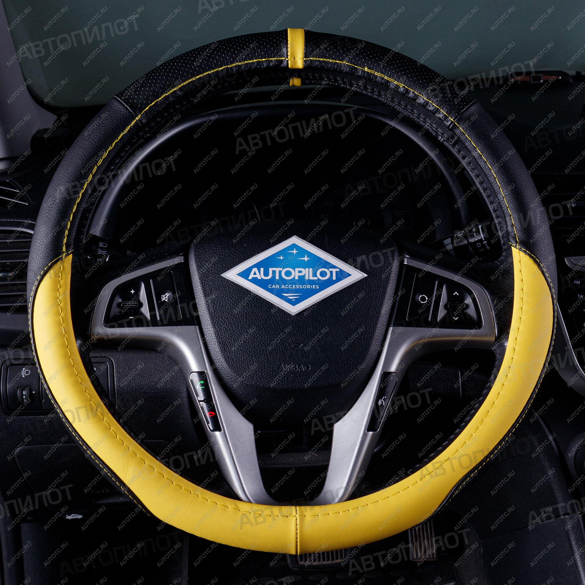 489 р. Оплётка на руль (37-39см BLW-003 кож/зам ) Автопилот Ford Focus 3 седан рестайлинг (2014-2019) (черный/желтый)  с доставкой в г. Кинешма
