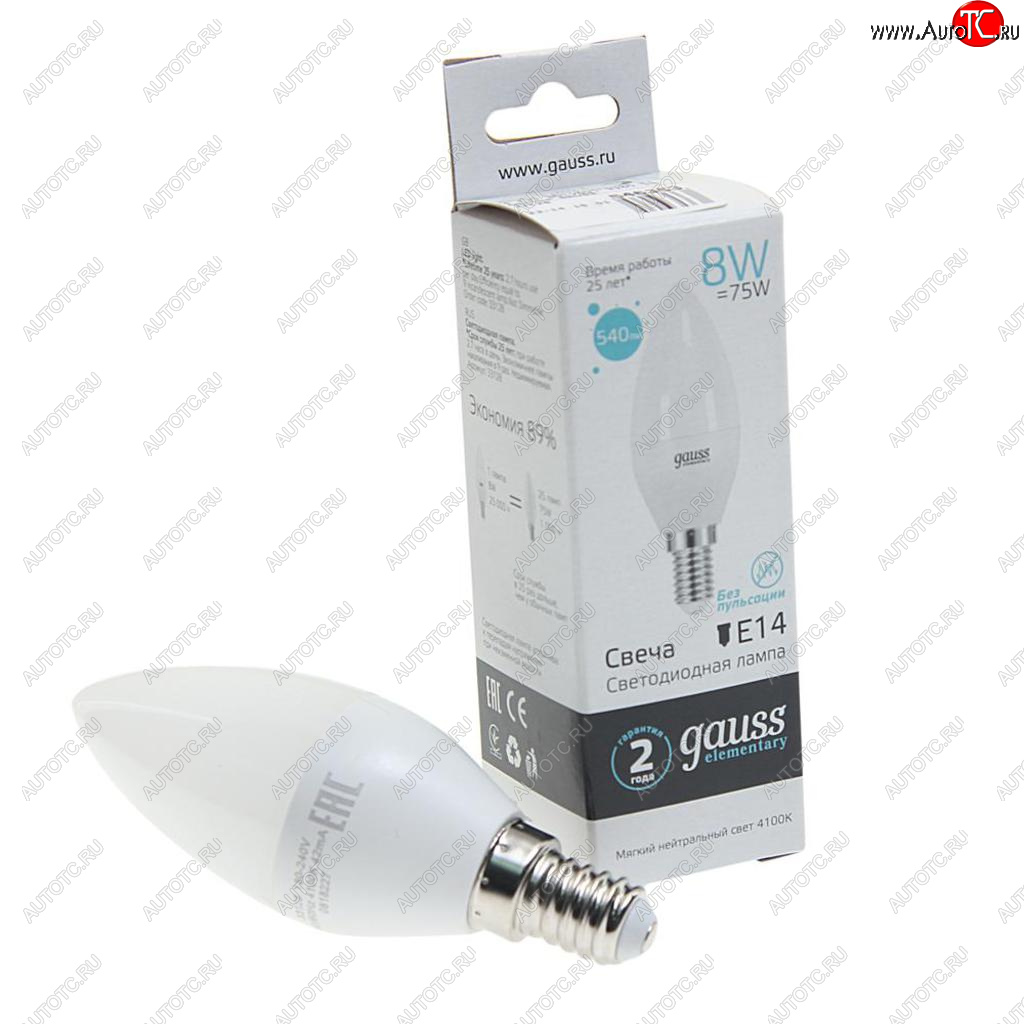 132 р. Лампа светодиодная E14 C37 8W(70W) 220V холодный GAUSS GAUSS 33128  с доставкой в г. Кинешма