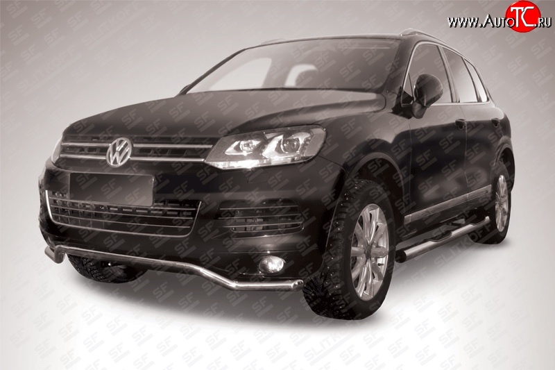 15 999 р. Защита переднего бампера из фигурной трубы диаметром 57 мм Slitkoff Volkswagen Touareg 2 NF дорестайлинг (2010-2014) (Цвет: нержавеющая полированная сталь)  с доставкой в г. Кинешма